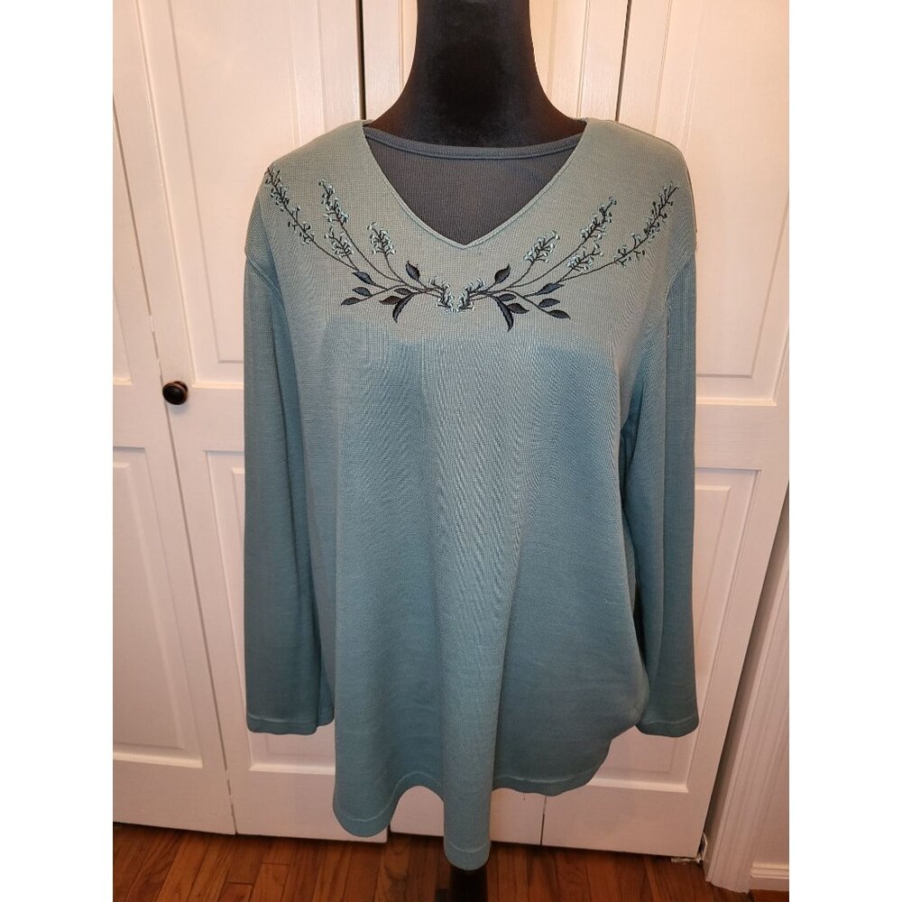 Vintage 90s/Y2K Dusty Teal Layered Look Tshirt Embroidered Bobbie Brooks L Retro